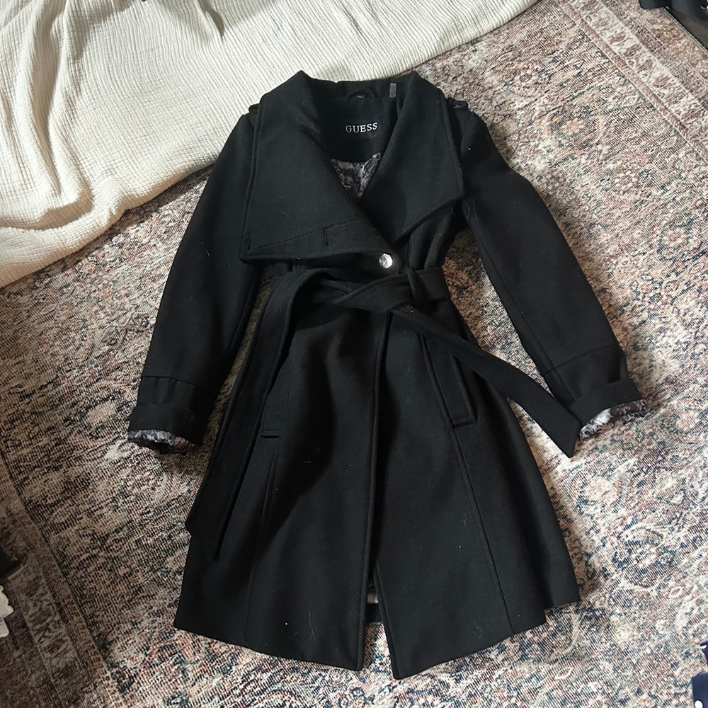 GUESS Women's Elegant Black Wool Blend Wrap Coat